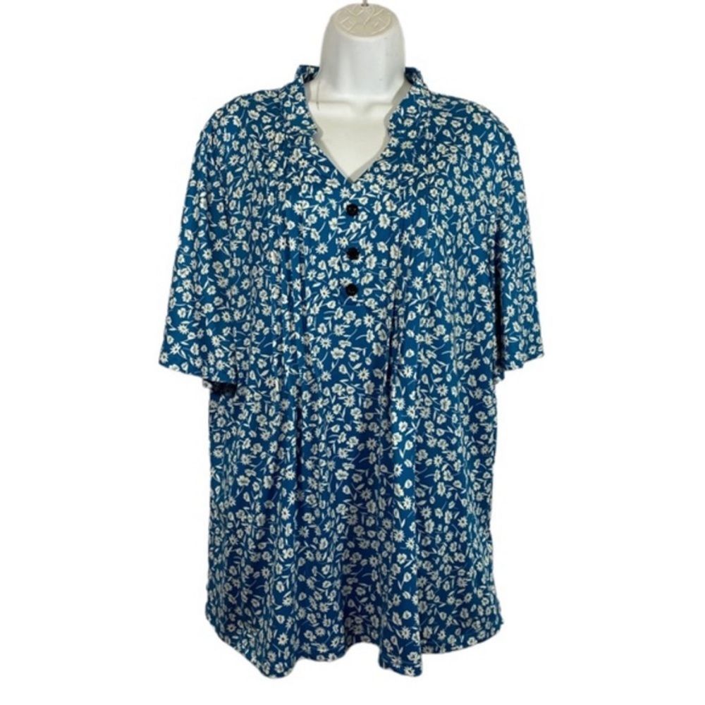 Hocosit Size XL Blouse Pleated Button Front Floral Print Short Ruffle Sleeve‎